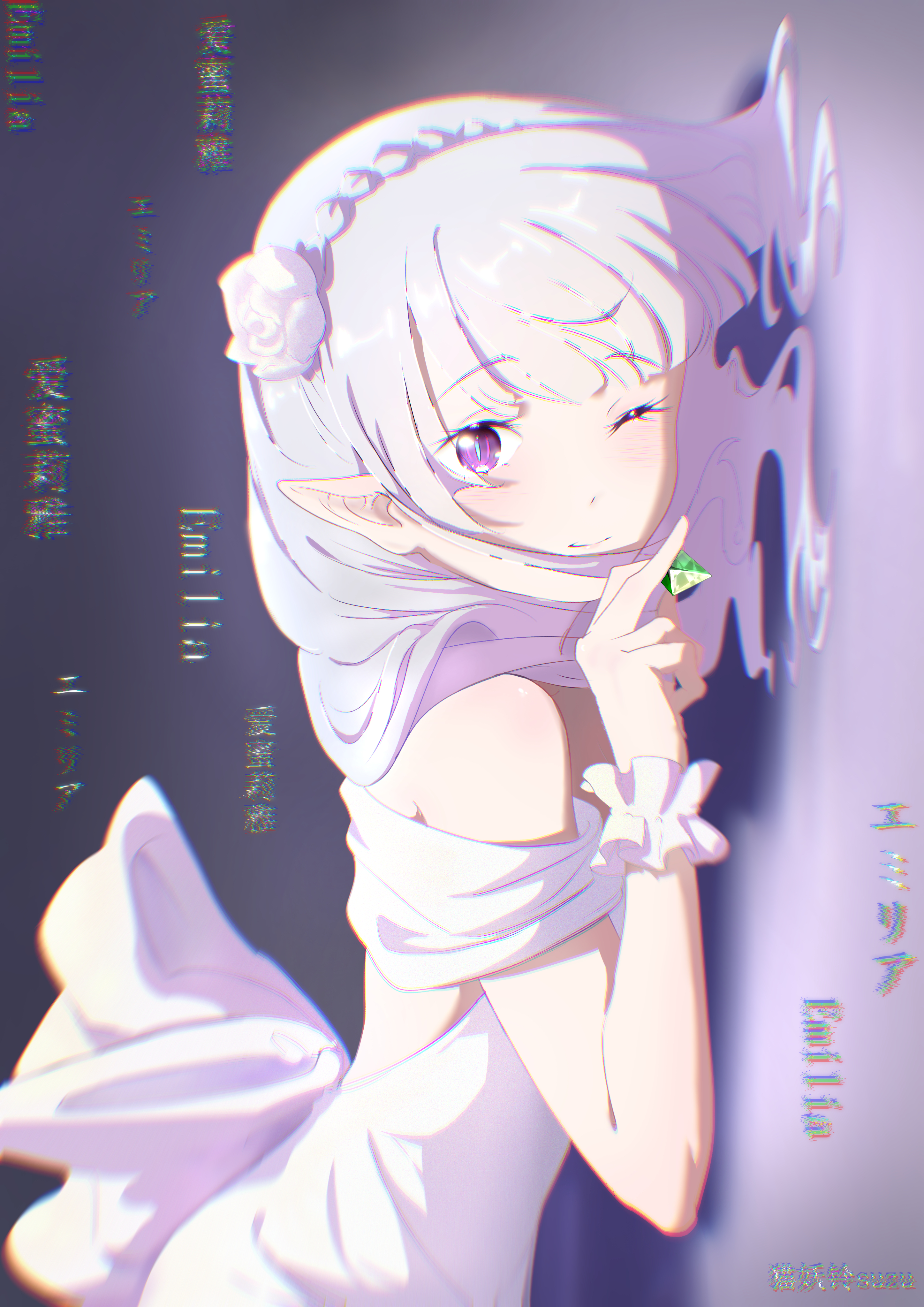 Silver-haired Emilia in a lavender-toned illustration