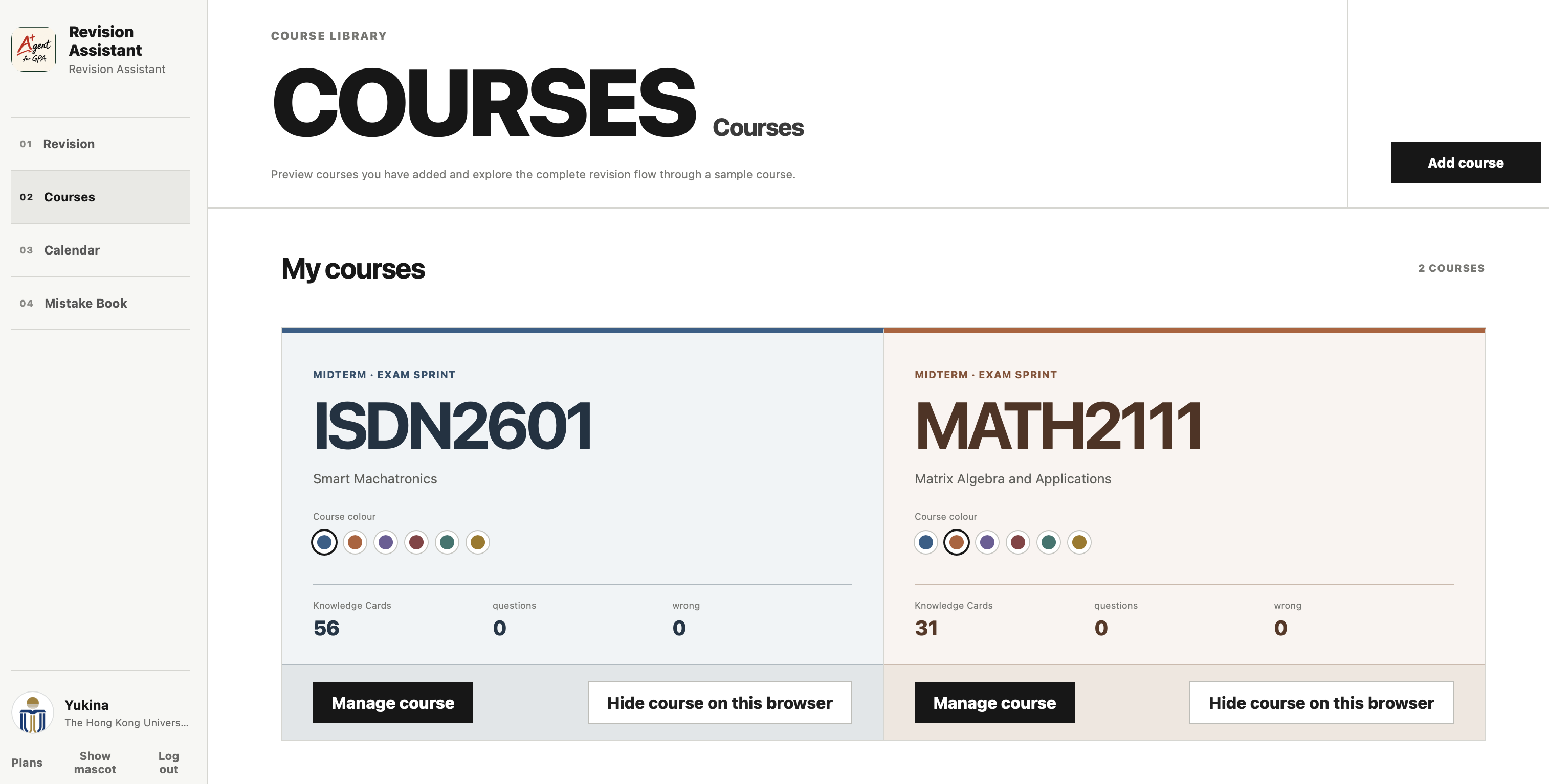 Revision Assistant course library with course management and knowledge card counts