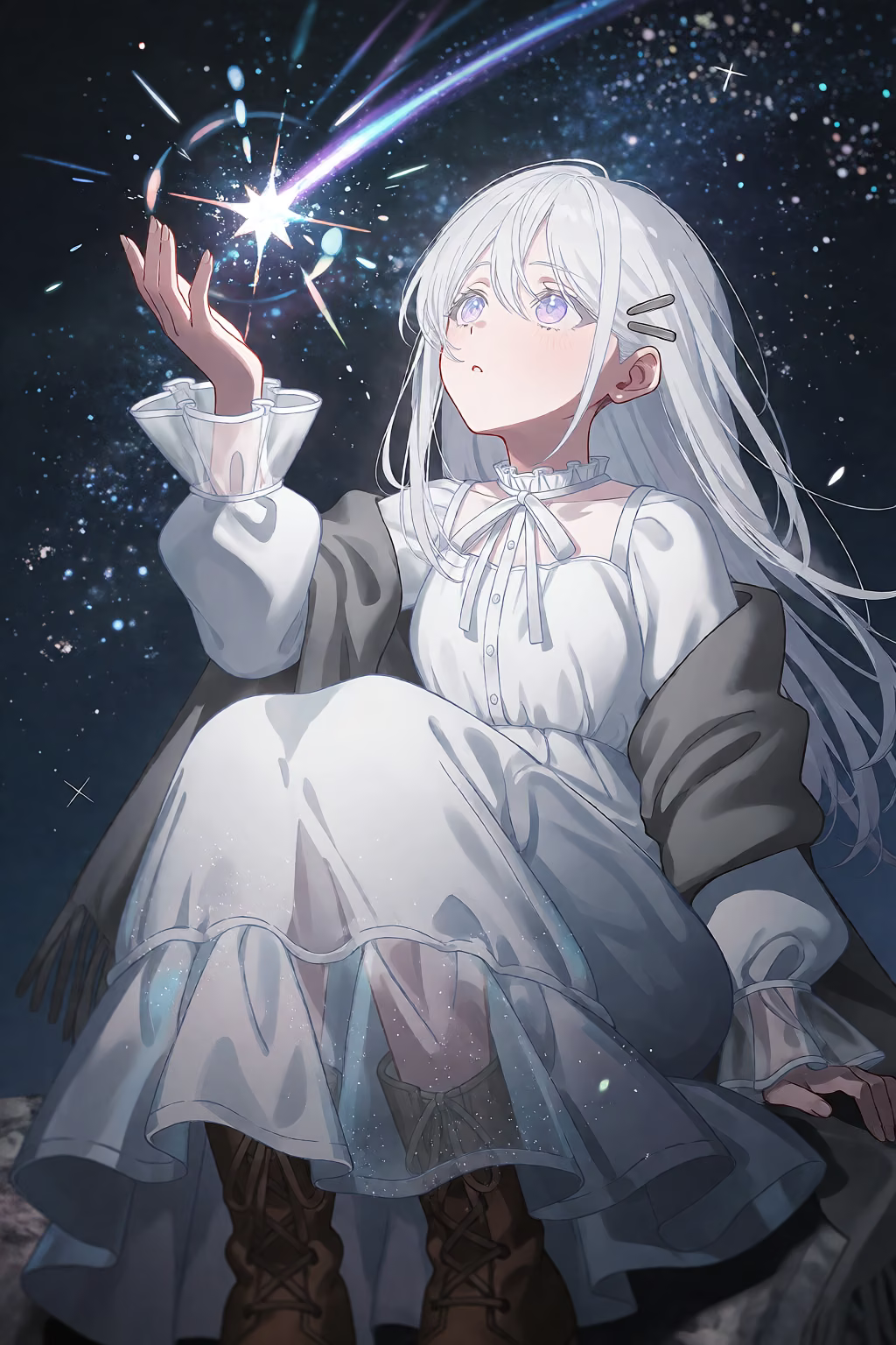 Silver-haired Shiomi Hotaru reaching toward a star in a night sky